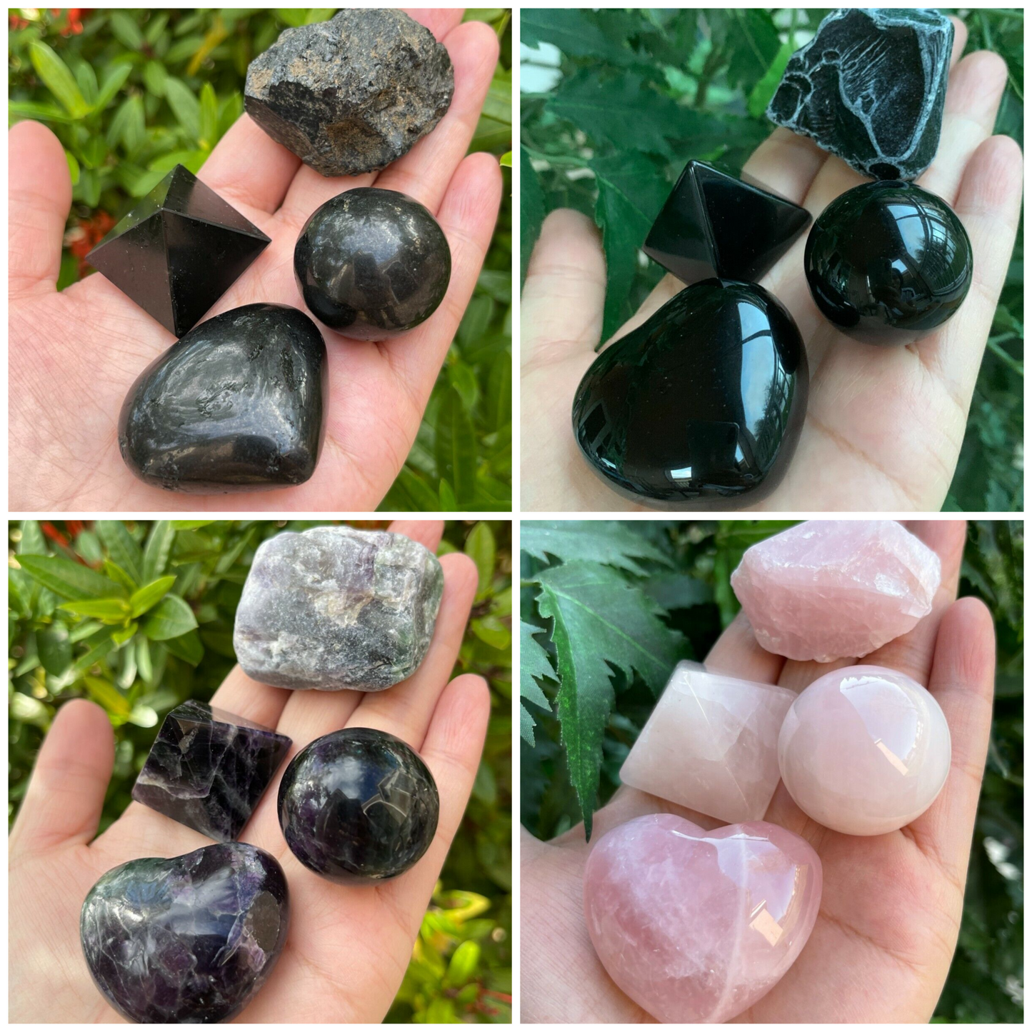 Premium Gemstone Pop-Up Display – Black Tourmaline, Black Obsidian, Rose Quartz, and Rainbow Fluorite in 4 Shapes