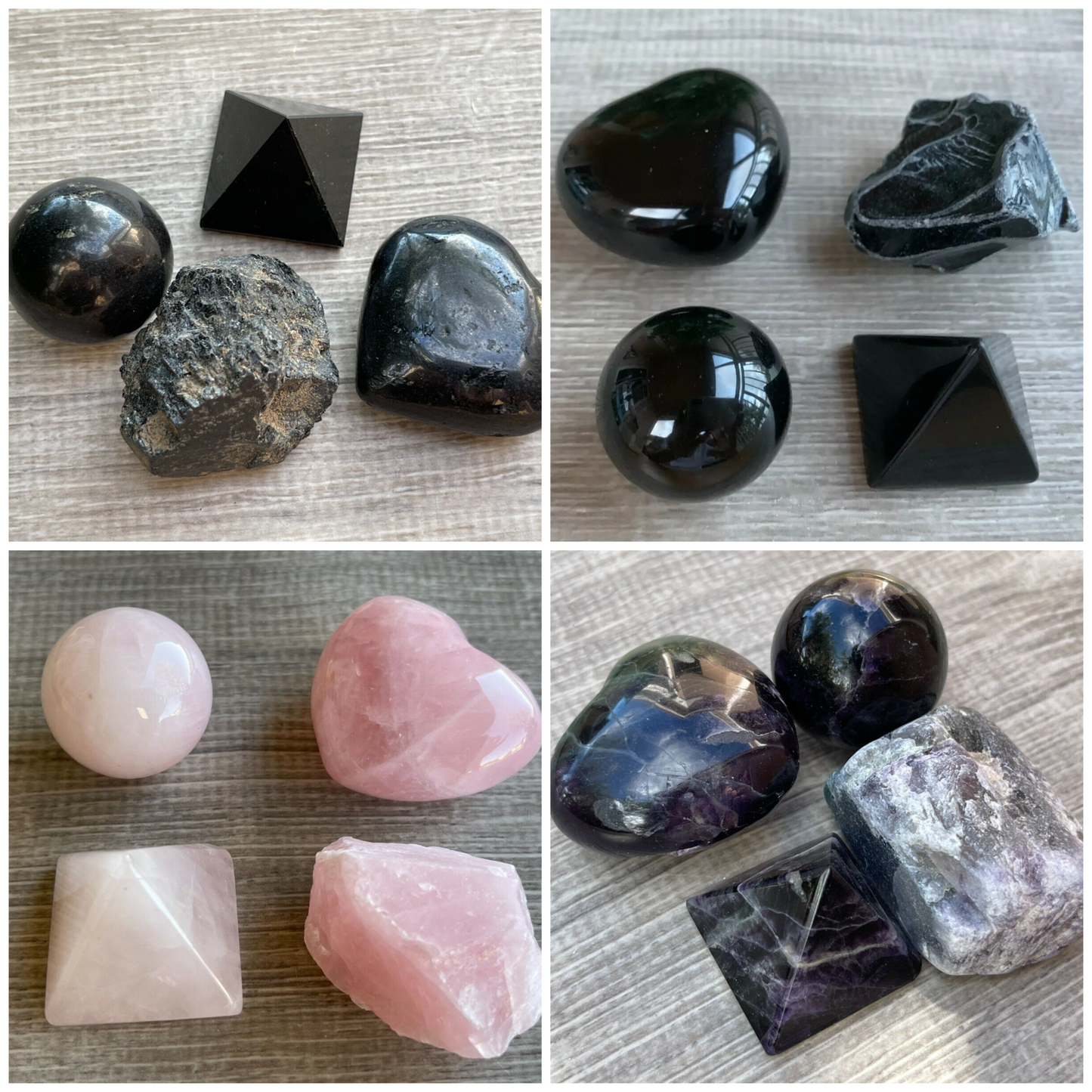 Premium Gemstone Pop-Up Display – Black Tourmaline, Black Obsidian, Rose Quartz, and Rainbow Fluorite in 4 Shapes