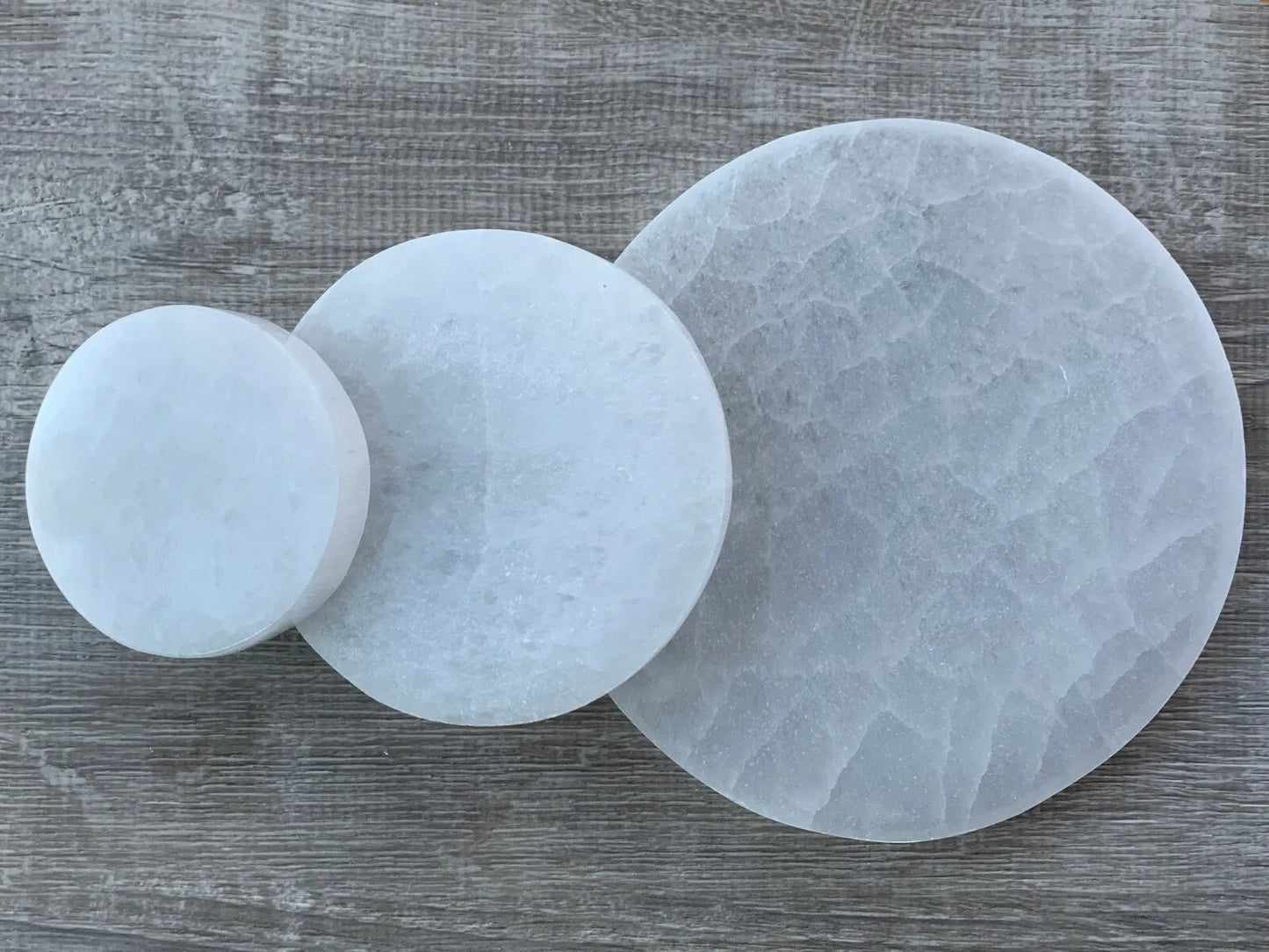 Polished 3", 4", 6" Selenite Circle Charging Plate for Crystal Cleansing, Crystal Grid Layout, Energy Charging & Lurification