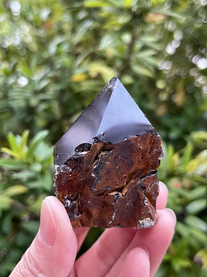 Smoky Quartz Top Polished Rough Point — Standing Smoky Quartz Crystal with Cut Base