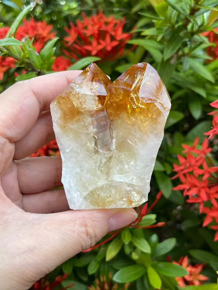 Standing Citrine Top Polished Rough Point, Deep Orange Citrine Crystal Cut Base