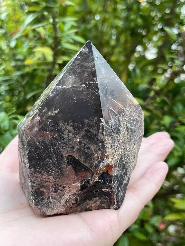 Smoky Quartz Top Polished Rough Point — Standing Smoky Quartz Crystal with Cut Base
