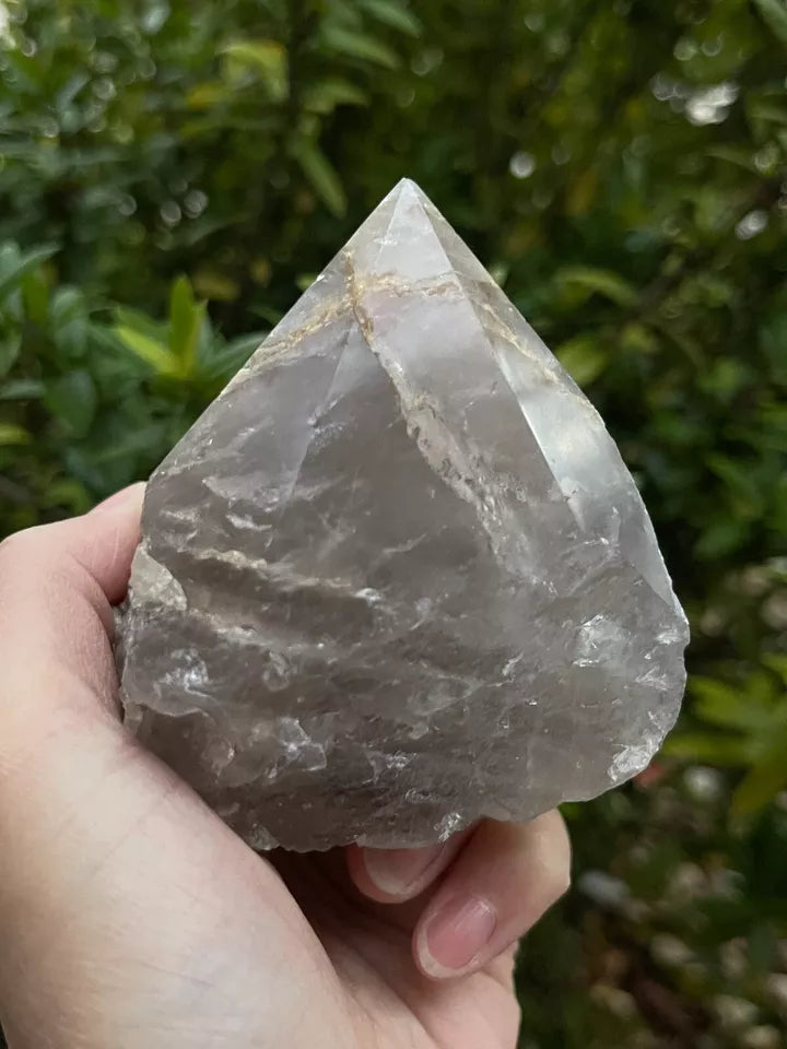 Smoky Quartz Top Polished Rough Point — Standing Smoky Quartz Crystal with Cut Base