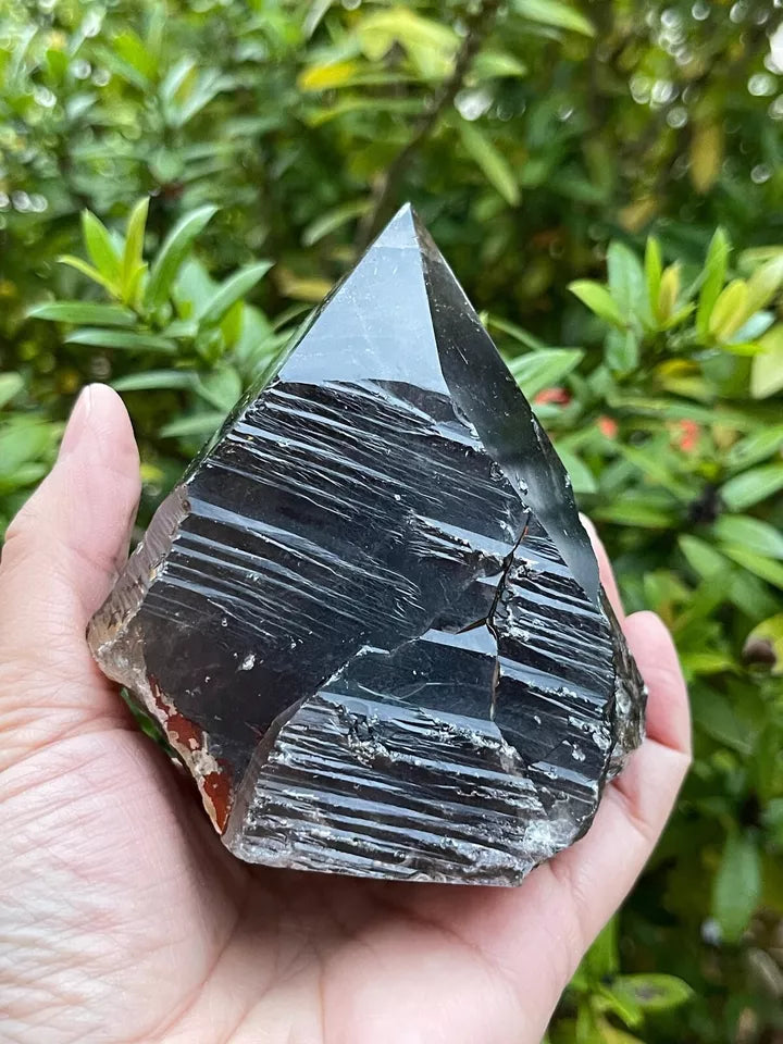 Smoky Quartz Top Polished Rough Point — Standing Smoky Quartz Crystal with Cut Base
