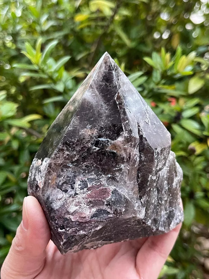 Smoky Quartz Top Polished Rough Point — Standing Smoky Quartz Crystal with Cut Base