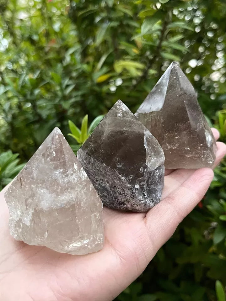 Smoky Quartz Top Polished Rough Point — Standing Smoky Quartz Crystal with Cut Base