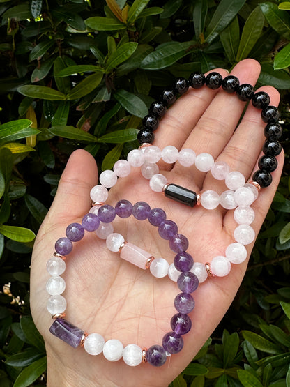 8mm Rose Quartz, Black Tourmaline, Amethyst, and Selenite Crystal Bead Bracelet – Genuine Gemstone Crystal Cylinder with Copper Discs, Stretch Healing Gemstone Bracelet, Gift for Men & Women