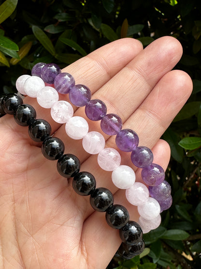 8mm Rose Quartz, Black Tourmaline, Amethyst, and Selenite Crystal Bead Bracelet – Genuine Gemstone Crystal Cylinder with Copper Discs, Stretch Healing Gemstone Bracelet, Gift for Men & Women