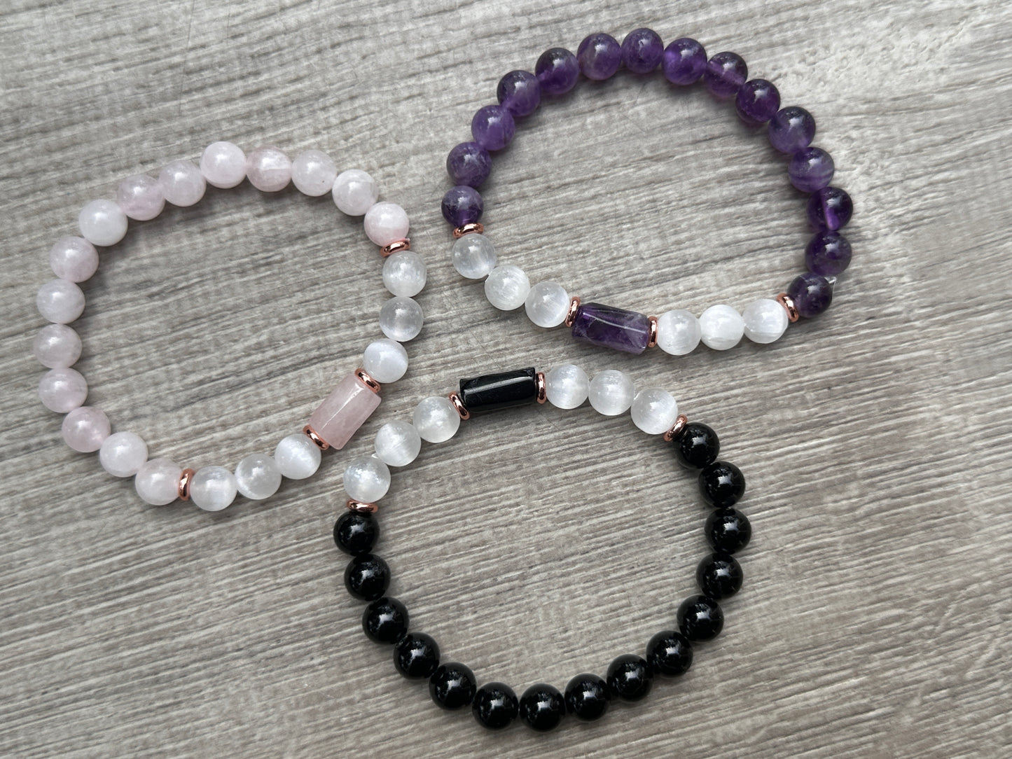 8mm Rose Quartz, Black Tourmaline, Amethyst, and Selenite Crystal Bead Bracelet – Genuine Gemstone Crystal Cylinder with Copper Discs, Stretch Healing Gemstone Bracelet, Gift for Men & Women