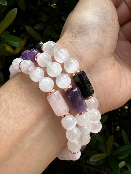 8mm Rose Quartz, Black Tourmaline, Amethyst, and Selenite Crystal Bead Bracelet – Genuine Gemstone Crystal Cylinder with Copper Discs, Stretch Healing Gemstone Bracelet, Gift for Men & Women