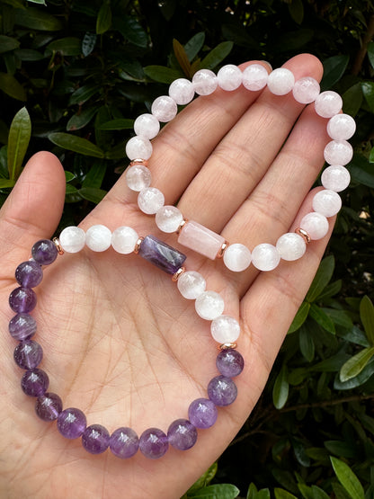 8mm Rose Quartz, Black Tourmaline, Amethyst, and Selenite Crystal Bead Bracelet – Genuine Gemstone Crystal Cylinder with Copper Discs, Stretch Healing Gemstone Bracelet, Gift for Men & Women