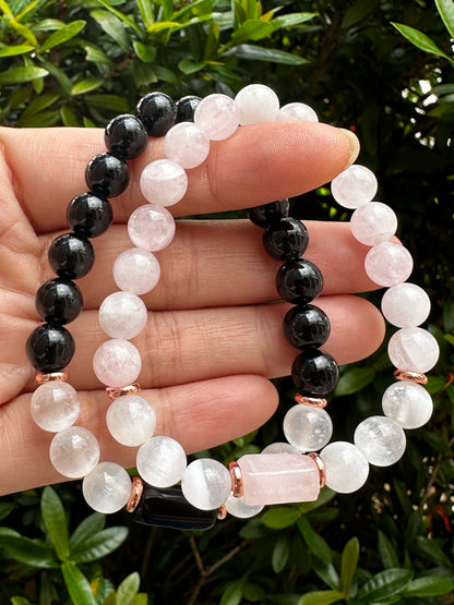 8mm Rose Quartz, Black Tourmaline, Amethyst, and Selenite Crystal Bead Bracelet – Genuine Gemstone Crystal Cylinder with Copper Discs, Stretch Healing Gemstone Bracelet, Gift for Men & Women