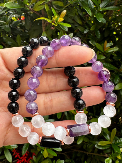 8mm Rose Quartz, Black Tourmaline, Amethyst, and Selenite Crystal Bead Bracelet – Genuine Gemstone Crystal Cylinder with Copper Discs, Stretch Healing Gemstone Bracelet, Gift for Men & Women