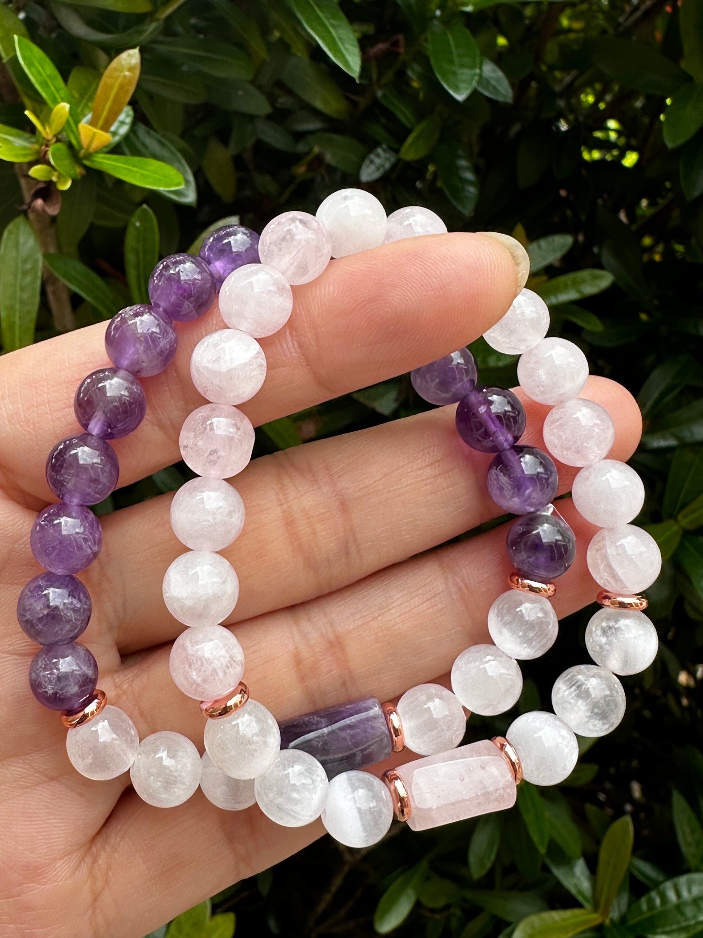 8mm Rose Quartz, Black Tourmaline, Amethyst, and Selenite Crystal Bead Bracelet – Genuine Gemstone Crystal Cylinder with Copper Discs, Stretch Healing Gemstone Bracelet, Gift for Men & Women