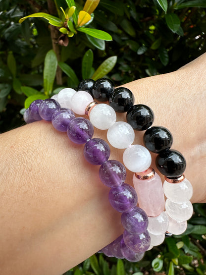 8mm Rose Quartz, Black Tourmaline, Amethyst, and Selenite Crystal Bead Bracelet – Genuine Gemstone Crystal Cylinder with Copper Discs, Stretch Healing Gemstone Bracelet, Gift for Men & Women