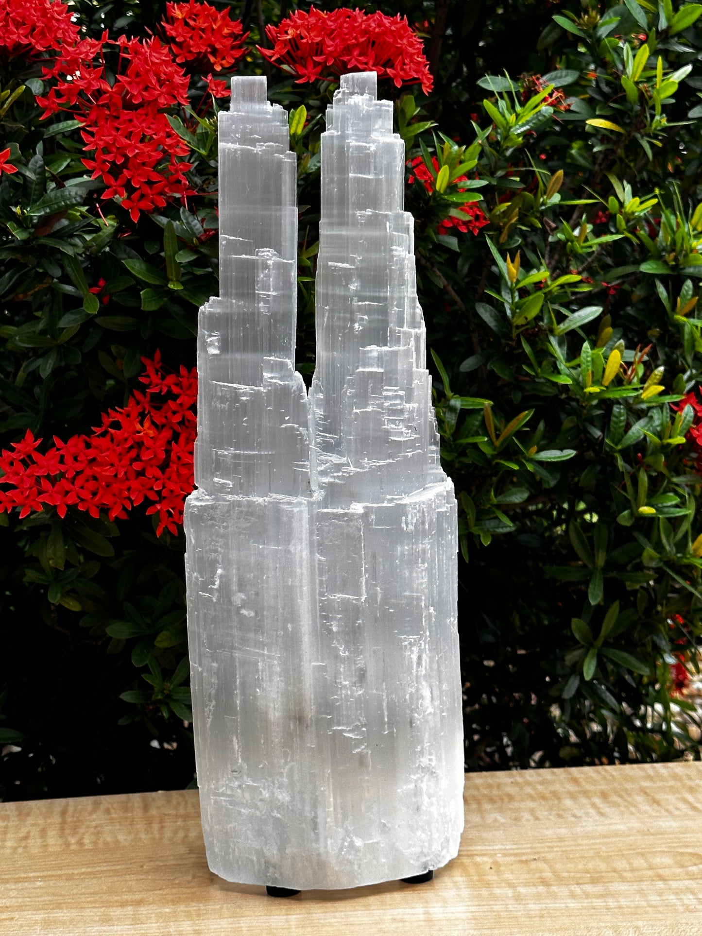 GAF TREASURES Large & XL Double Twin Tower Selenite Skyscraper Lamp – Natural Satin Spar Crystal Lamp, 10"–16" Tall – Choose 10–12", 14", or 14–16"