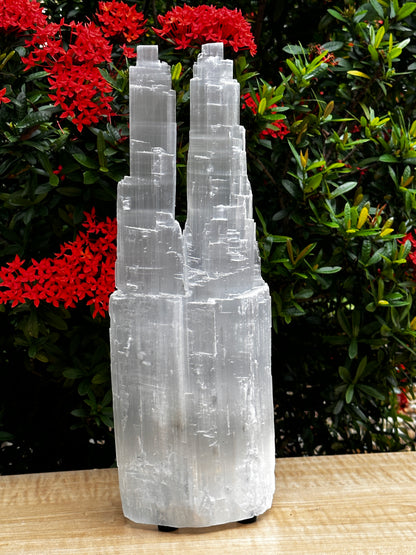GAF TREASURES Large & XL Double Twin Tower Selenite Skyscraper Lamp – Natural Satin Spar Crystal Lamp, 10"–16" Tall – Choose 10–12", 14", or 14–16"
