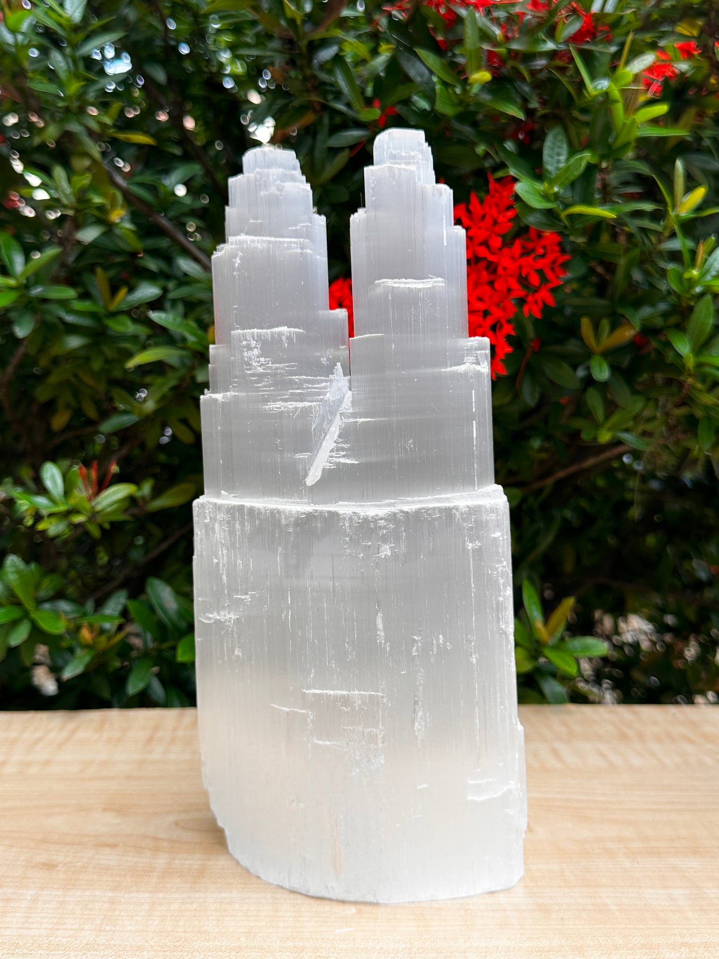 GAF TREASURES Large & XL Double Twin Tower Selenite Skyscraper Lamp – Natural Satin Spar Crystal Lamp, 10"–16" Tall – Choose 10–12", 14", or 14–16"