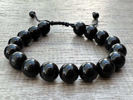 Grade A++Black Tourmaline Crystal Adjustable Bead Bracelet 10mm,Genuine Bracelet