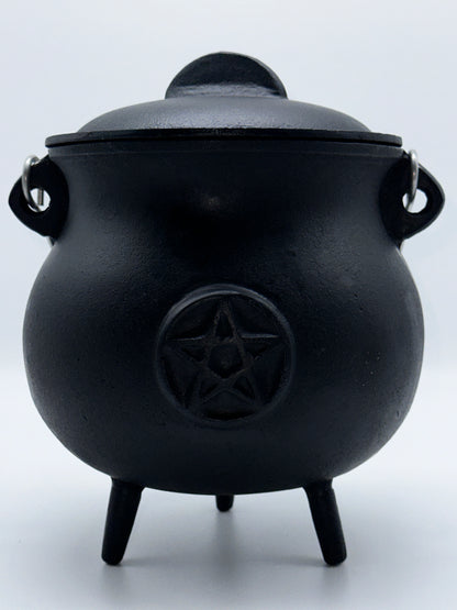 X-Large Pentagram Pentacle Cast Iron Cauldron with Lid and Handle, 7.5" Cauldron