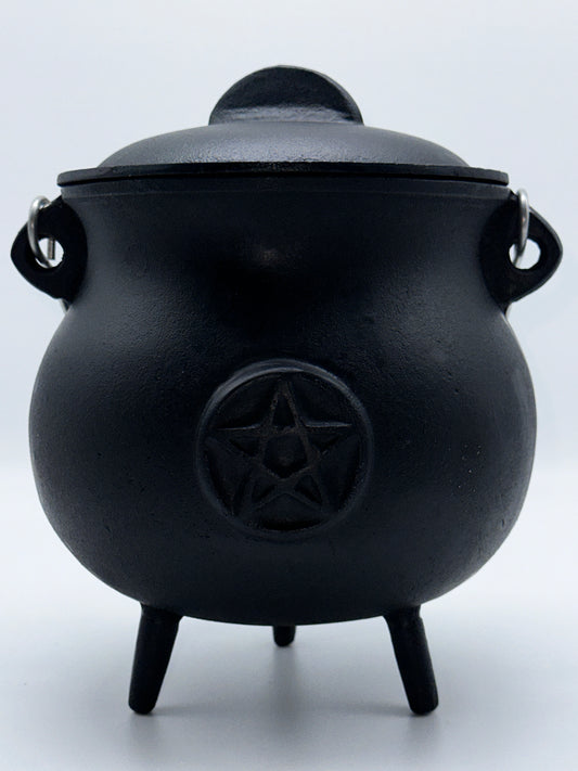 X-Large Pentagram Pentacle Cast Iron Cauldron with Lid and Handle, 7.5" Cauldron