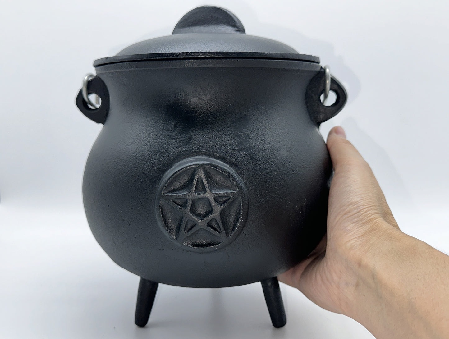 3" 4.25" 5.5" & 7.5" Pentagram Pentacle Cast Iron Cauldron with Lid and Handle, Witches cauldron