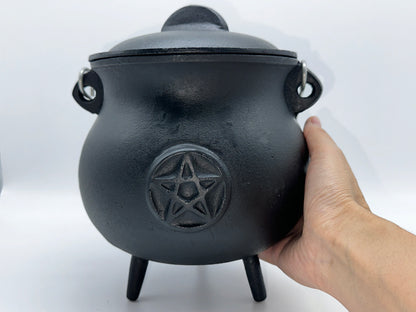 3" 4.25" 5.5" & 7.5" Pentagram Pentacle Cast Iron Cauldron with Lid and Handle, Witches cauldron