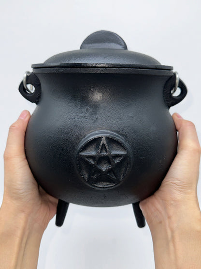 X-Large Pentagram Pentacle Cast Iron Cauldron with Lid and Handle, 7.5" Cauldron