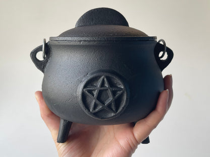 3" 4.25" 5.5" & 7.5" Pentagram Pentacle Cast Iron Cauldron with Lid and Handle, Witches cauldron