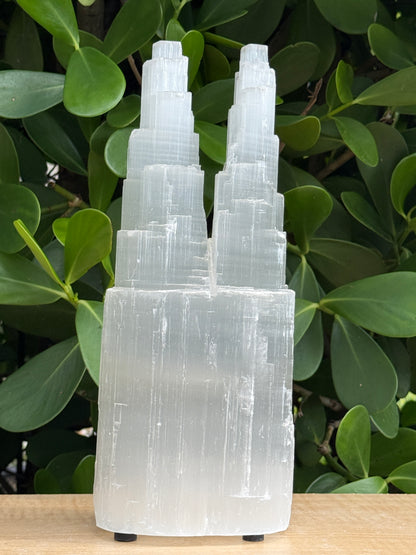 GAF TREASURES Large & XL Double Twin Tower Selenite Skyscraper Lamp – Natural Satin Spar Crystal Lamp, 10"–16" Tall – Choose 10–12", 14", or 14–16"