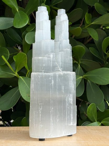 GAF TREASURES Large & XL Double Twin Tower Selenite Skyscraper Lamp – Natural Satin Spar Crystal Lamp, 10"–16" Tall – Choose 10–12", 14", or 14–16"