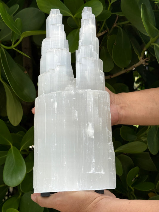 GAF TREASURES Large & XL Double Twin Tower Selenite Skyscraper Lamp – Natural Satin Spar Crystal Lamp, 10"–16" Tall – Choose 10–12", 14", or 14–16"