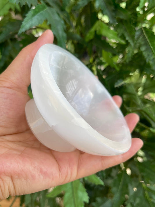 Gemstone Carved - 4" Diameter Selenite Crystal Polished Charging Bowl With Pedestal, Selenite Bowl On Stand