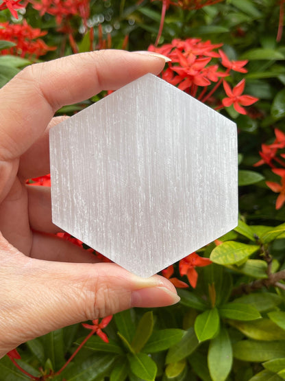 Polished 3", 4", 6" Selenite Hexagon Charging Plate for Crystal Cleansing, Crystal Grid Layout, Energy Charging & Lurification