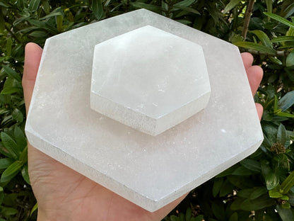 Polished 3", 4", 6" Selenite Hexagon Charging Plate for Crystal Cleansing, Crystal Grid Layout, Energy Charging & Lurification