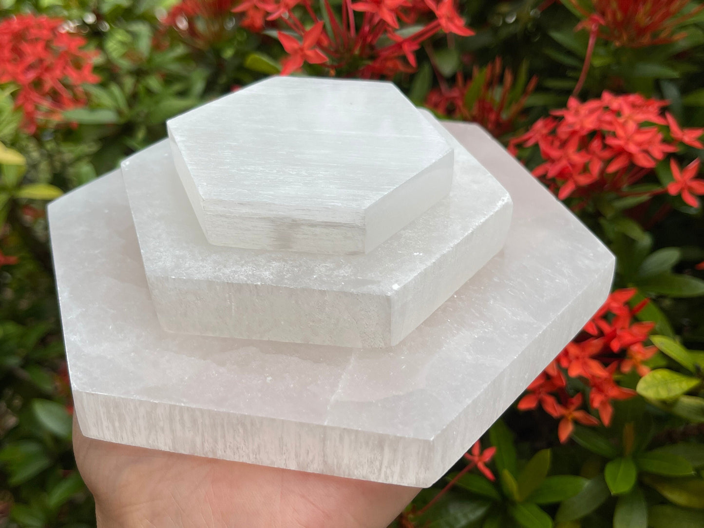 Polished 3", 4", 6" Selenite Hexagon Charging Plate for Crystal Cleansing, Crystal Grid Layout, Energy Charging & Lurification