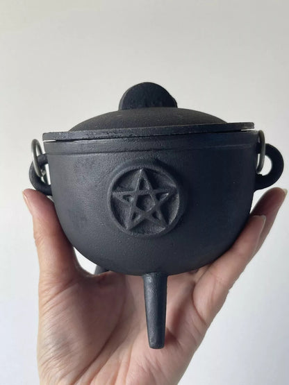 3" 4.25" 5.5" & 7.5" Pentagram Pentacle Cast Iron Cauldron with Lid and Handle, Witches cauldron