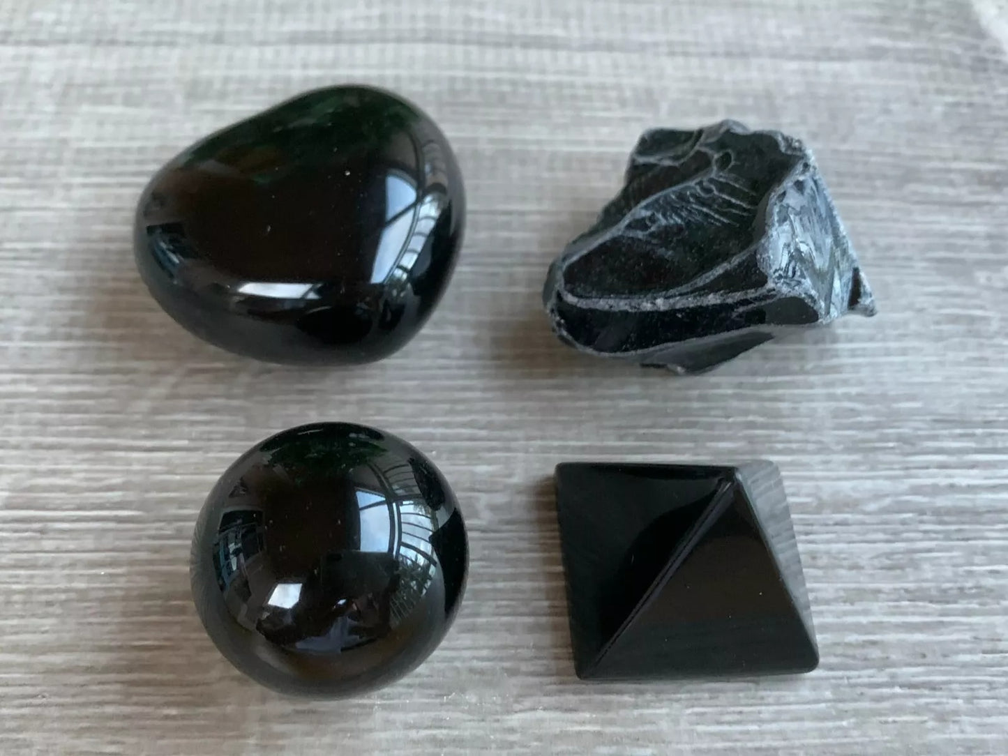 Black Obsidian Collection in 4 Shapes – Heart, Pyramid, Sphere, and Raw/Natural