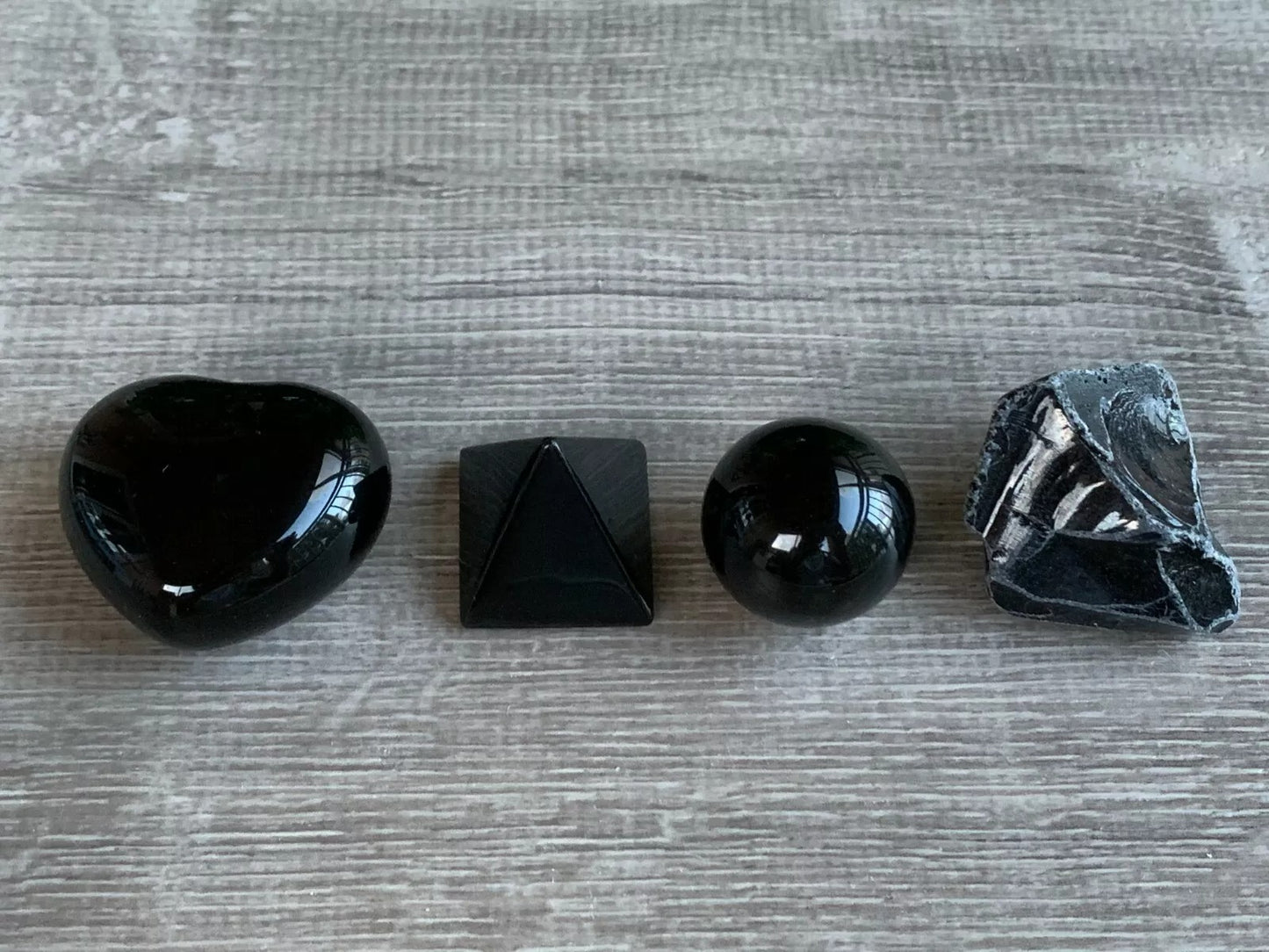 Black Obsidian Collection in 4 Shapes – Heart, Pyramid, Sphere, and Raw/Natural