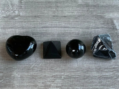 Black Obsidian Collection in 4 Shapes – Heart, Pyramid, Sphere, and Raw/Natural