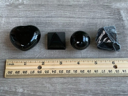 Black Obsidian Collection in 4 Shapes – Heart, Pyramid, Sphere, and Raw/Natural