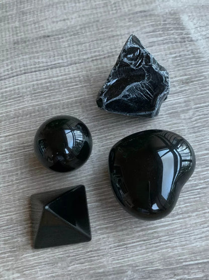 Black Obsidian Collection in 4 Shapes – Heart, Pyramid, Sphere, and Raw/Natural