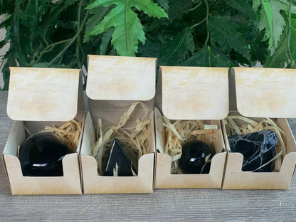 Black Obsidian Collection in 4 Shapes – Heart, Pyramid, Sphere, and Raw/Natural