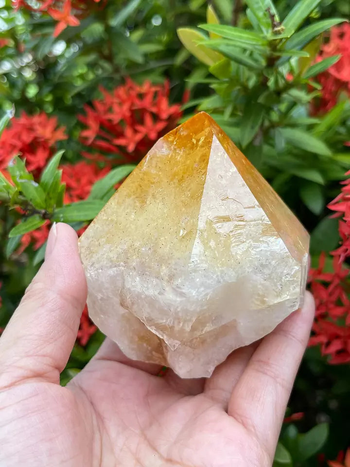 Standing Citrine Top Polished Rough Point, Deep Orange Citrine Crystal Cut Base