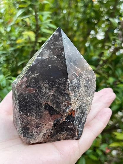 Smoky Quartz Top Polished Rough Point, Standing Smoky Quartz Crystal Cut Base