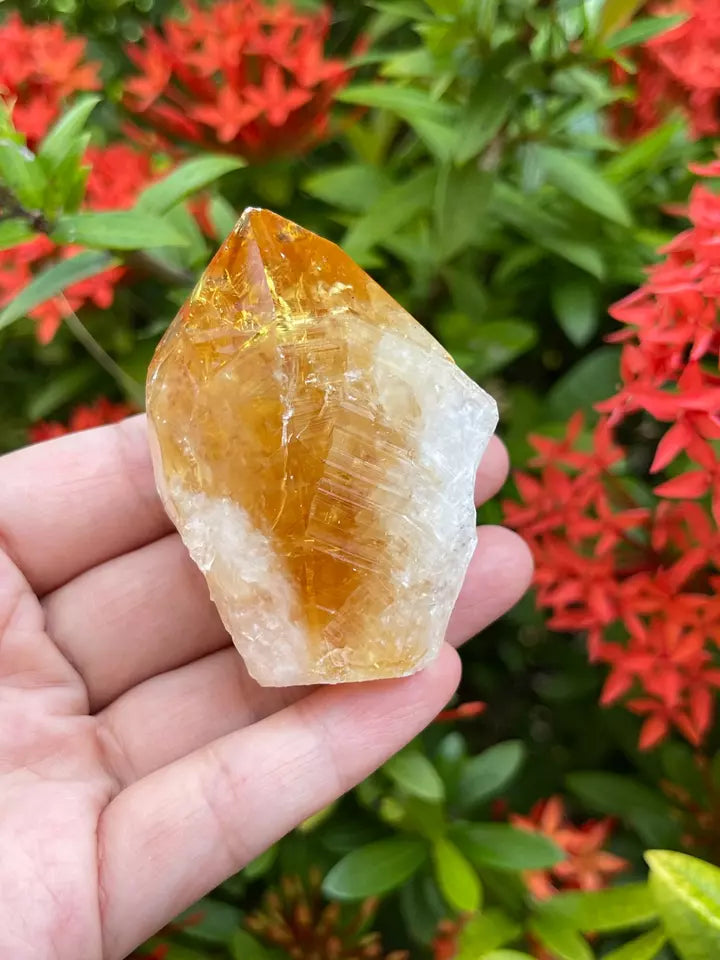 Standing Citrine Top Polished Rough Point, Deep Orange Citrine Crystal Cut Base